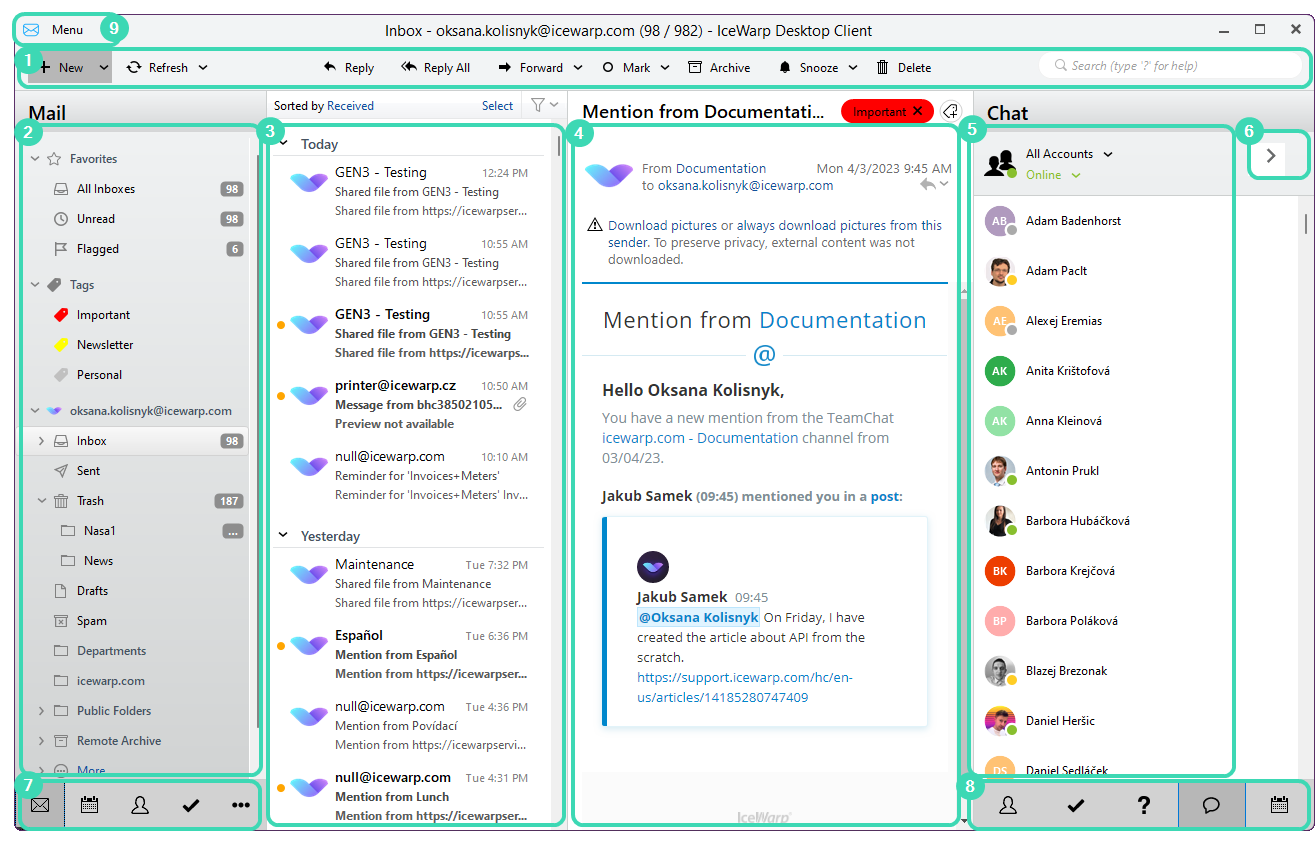 Schermata del client desktop IceWarp con posta, cartelle, messaggi e chat laterale