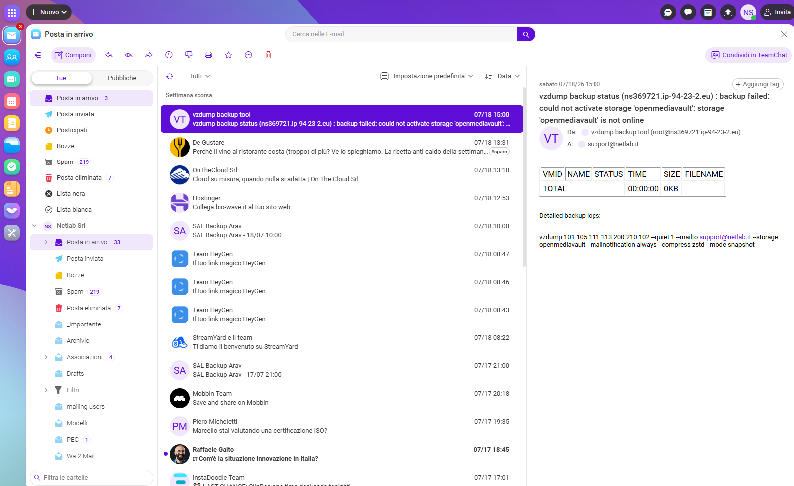 Schermata della posta in arrivo nel nuovo WebClient IceWarp con cartelle, elenco messaggi e anteprima dell’email
